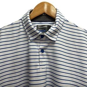 Twillory Mens Sz Large Athleisure Golf Polo Shirt White/Blue Striped Stretch